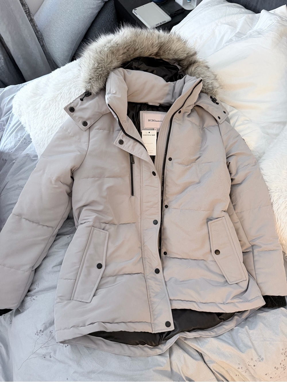 BCBGeneration Light Gray Faux-Fur Hooded Puffer Coat